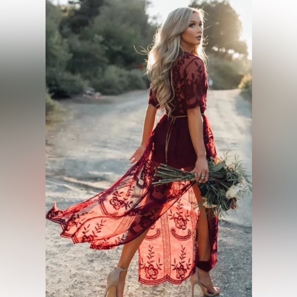 HONEY PUNCH BURGANDY LACE ROMPER MAXI DRESS ROMANTIC SHEER FEMININE SIZE SMALL